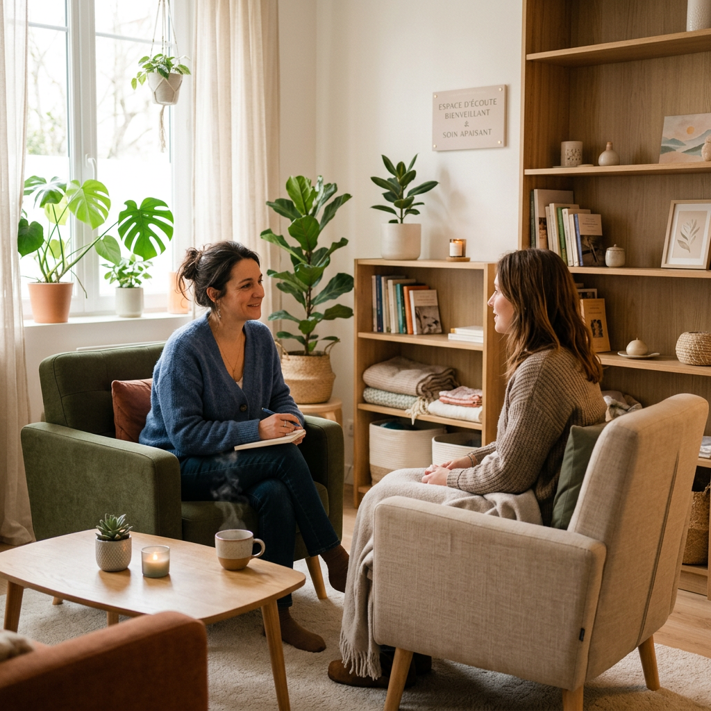 Two women sitting in cozy chairs having a counseling session in a warmly decorated room with plants and books